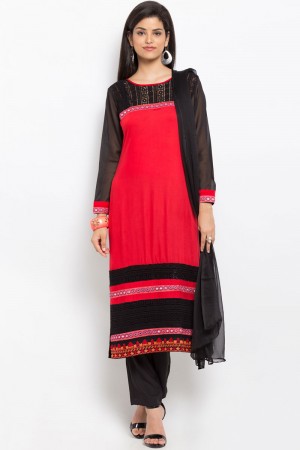 Ultimate Red Cotton Mirror Work Plus Size Readymade Salwar Suit