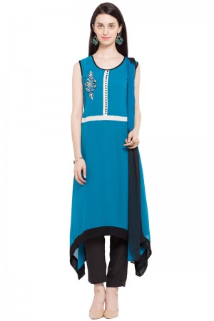 Classic Blue Georgette and Faux Crepe Churidar Bottom Plus Size Readymade Salwar Suit