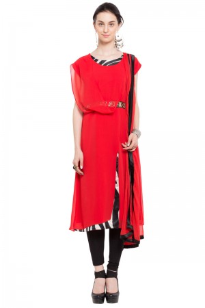 Supreme Red Georgette Churidar Plus Size Readymade Salwar Suit With Faux Dupatta