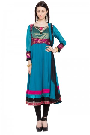 Ultimate Blue Faux Georgette Churidar Plus Size Readymade Anarkali Salwar Suit with Faux Chiffon Dupatta