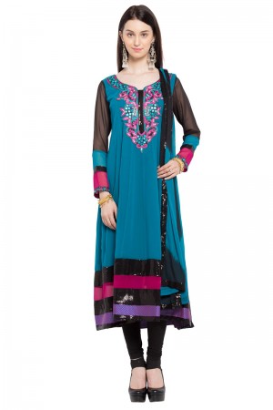 Graceful Blue Faux Georgette Plazzo Plus Size Readymade Anarkali Salwar Suit With Faux Chiffon Dupatta