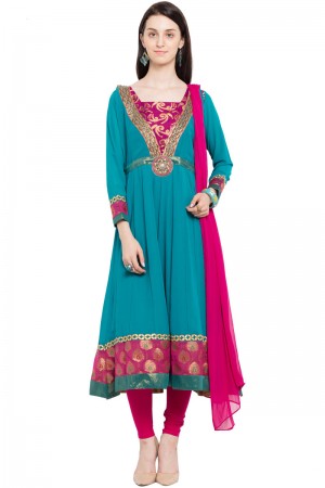 Excellent Teal Faux Georgette Plus Size Readymade Salwar Suit With Chiffon Dupatta
