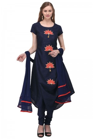 Lovely Navy Blue Bhagalpuri Silk Plus Size Readymade Salwar Suit With Chiffon Dupatta