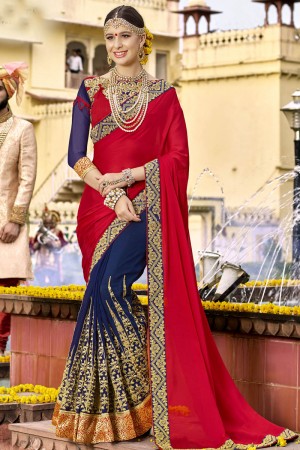 Beautiful Red and Blue Silk Embroidered Wedding Saree With Cotton Blouse