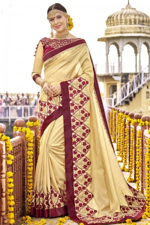 Supreme Cream Silk Embroidered Wedding Saree With Cotton Blouse