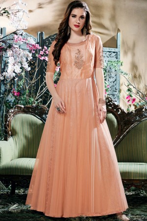 Excellent Peach Stone and Zari Work Long Length Designer Gown