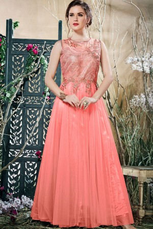 Admirable Peach Net Zari and Thread Work Long Length Designer Gown