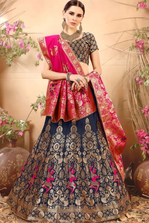 Pretty Navy Blue Banarasi Silk and Jacquard Printed Designer Lehenga