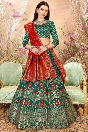 Charming Green Embroidred Work Banarasi Silk and Jacquard Designer Lehenga Choli