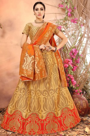Excellent Yellow Banarasi Silk and Jacquard Printed Designer Lehenga with Banarasi Silk Dupatta