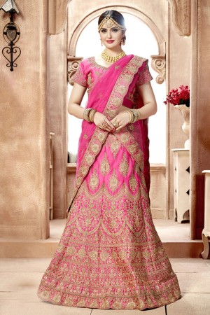 Excellent Pink Satin Embroidered Work Bridal Lehenga with Net Dupatta