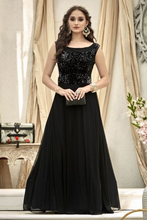 Beautiful Black Stone and Zari Work Long Length Designer Gown