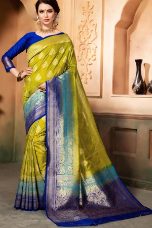 Charming Green and Blue Silk Jaquard Work Designer Saree