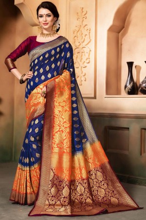 Stylish Blue and Orange Silk Designer Jaquard Work Saree