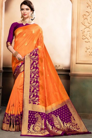 Excellent Orange and Magenta Silk Jaquard Work Designer Saree