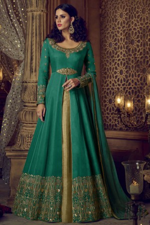 Gorgeous Green Silk Embroidered and Stone Work Anarakali Salwar Suit