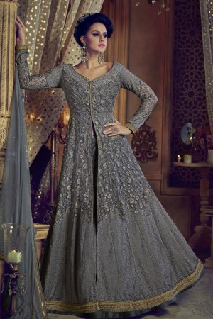Classic Grey Net and Banglori Silk Embroidered Work and Stone Work Anarkali Suits