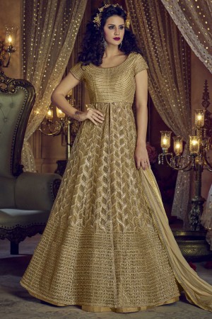 Lovely Golden Net Embroidered Work and Stone Work Anarkali Designer Salwar Suits