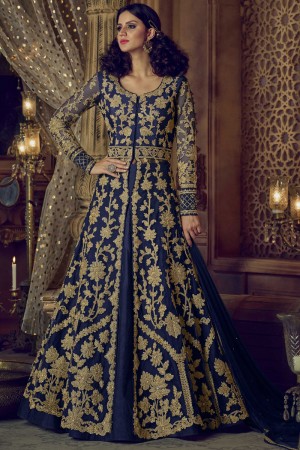 Admirable Navy Blue Net Embroidered Work and Stone Work Anarkali Designer Suits