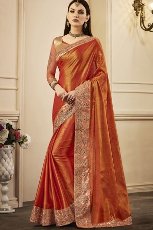 Beautiful Orange Silk Embroidered Designer Party Wear Saree