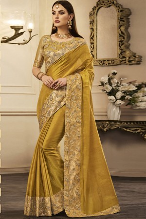 Pretty Yellow Silk Designer Embroidered Party Wear Saree