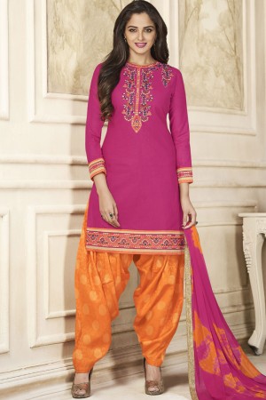 Charming Pink Cotton Embroidered Work Patiala Designer Suits