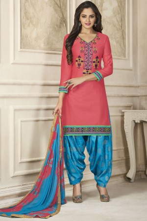 Gorgeous Peach Cotton Embroidered Work Patiala Designer Suits With Nazmin Dupatta