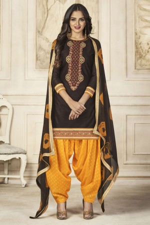 Excellent Black Cotton Embroidered Work Patiala Designer Suits With Nazmin Dupatta