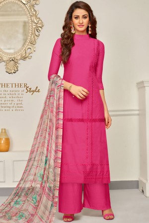 Lovely Pink Cotton Embroidered Work Plazo Designer Salwar Suit With Printed Dupatta