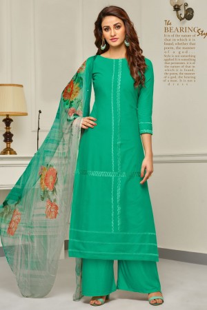 Graceful Green Cotton Embroidered Work Plazo Slawar Suits With Printed Dupatta