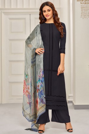 Desirable Black Cotton Embroidered Work Plazo Suits With Printed Dupatta