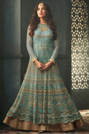 Sonal Chauhan Beautiful Green Net Embroidered and Stone Work Anarkali Slawar Suit