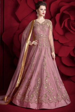 Stylish Pink Net Embroidered and Stone Work Anarkali Designer Salwar Suit