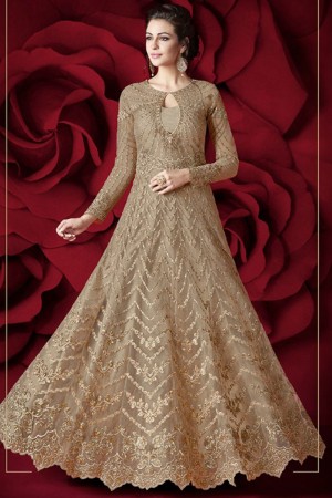 Beautiful Beige Net Embroidered and Stone Work Anarkali Salwar Suit