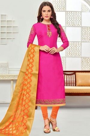 Beautiful Pink Cotton Embroidered Work Casual Salwar Suits With Banarasi Silk Dupatta