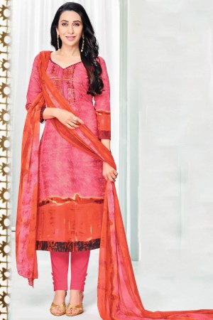 Karisma Kapoor Gorgeous Pink and Orange Cotton Casual Printed Slawar Suits With Nazmin Dupatta