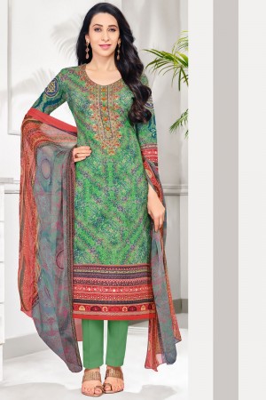 Karisma Kapoor Excellent Green and Red Cotton Casual Printed Salwar Suits