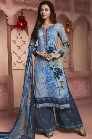 Beautiful Blue Cotton Embroidered Work Plazo Printed Salwar Suit