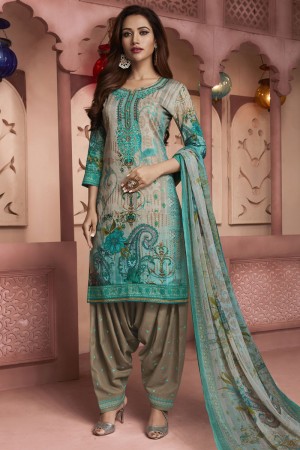 Lovely Sky Blue Cotton Embroidered Work Patiala Printed Salwar Suit