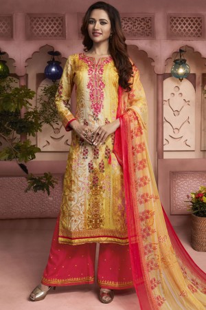Charming Yellow Cotton Embroidered Work Plazo Printed Salwar Suit