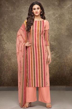 Lovely Peach Cotton Embroidered Work Plazo Printed Salwar Suit