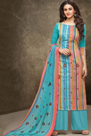 Classic Sky Blue Cotton Embroidered Work Plazo Printed Salwar Suit