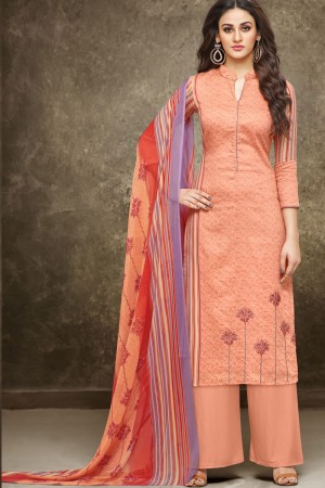Stylish Peach Cotton Embroidered Work Plazo Printed Salwar Suit