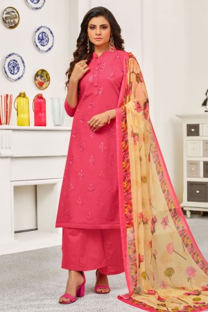 Lovely Pink Cotton Embroidered Work Plazo Printed Salwar Suit