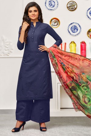 Classic Navy Blue Cotton Embroidered Work Plazo Printed Salwar Suit