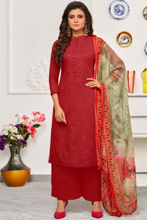 Stylish Red Cotton Embroidered Work Plazo Printed Salwar Suit