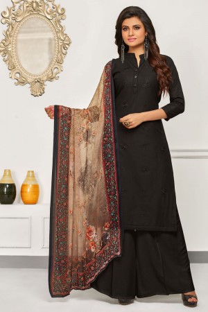 Beautiful Black Cotton Embroidered Work Plazo Printed Salwar Suit