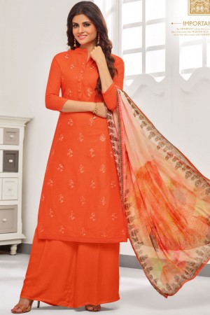 Graceful Orange Cotton Embroidered Work Plazo Printed Salwar Suit