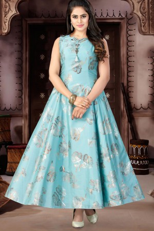 Beautiful Sky Blue Chanderi and Lycra Churidar Bottom Plus Size Readymade Gown