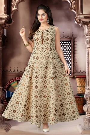 Charming Beige Cotton and Lycra Churidar Bottom Plus Size Readymade Gown